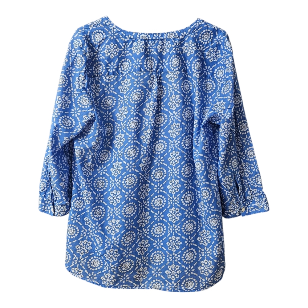 Talbots Women's Patterned Button Up Blouse Size XL Pleated Blue White 3/4 Sleeve - Picture 2 of 12